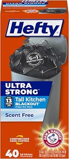 Hefty Ultra Strong 13 Gallon Trash Bags,Black Tall Kitchen Trash Bags 13 Gallon Size,Break Resistant Drawstring Enclosure,Continuous Odor Control,Blackout,Unscented,40-Bags,(Pack of 6)