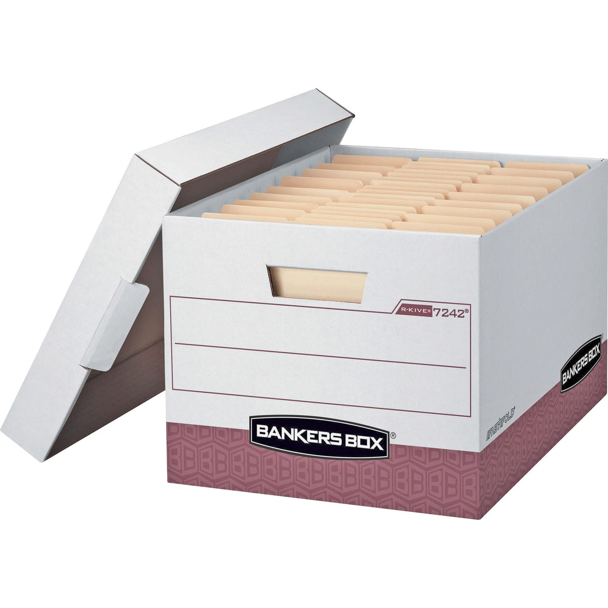 12-Pack R-Kive Heavy Duty File Storage Boxes with Lids by Bankers Box – 10.4"x12.8"x16.5", 15.0 liters, Cardboard, White, Red, Pack of 12