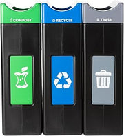 Commercial Zone Avante™ Series Made in The USA, Black Triple-Stream,Trash, Recycling and Compost Center, 3-30-Gallon Narrow Units, Open Top, Liners Included