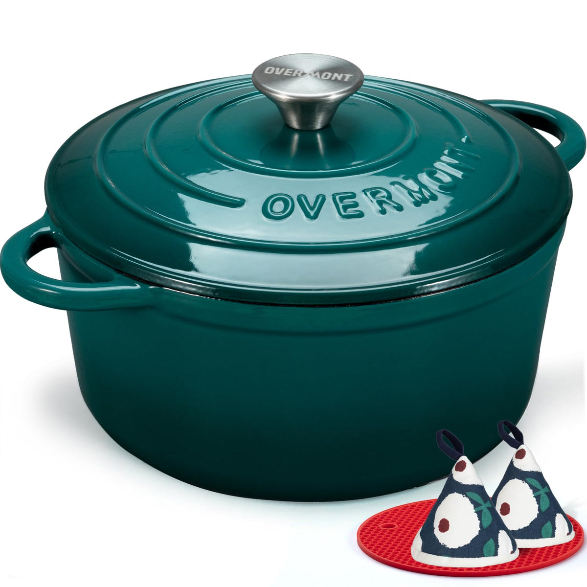 Overmont Cast Iron Dutch Oven, 7 Quart, Bottle Green