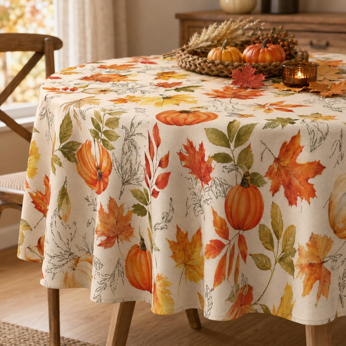 Soheioue Round Tablecloth, 60 Inch Diameter, Brown Autumn Design