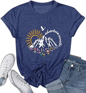 Adventure Awaits Hiking Tops Women Graphic Tees Nature Mountain Shirt