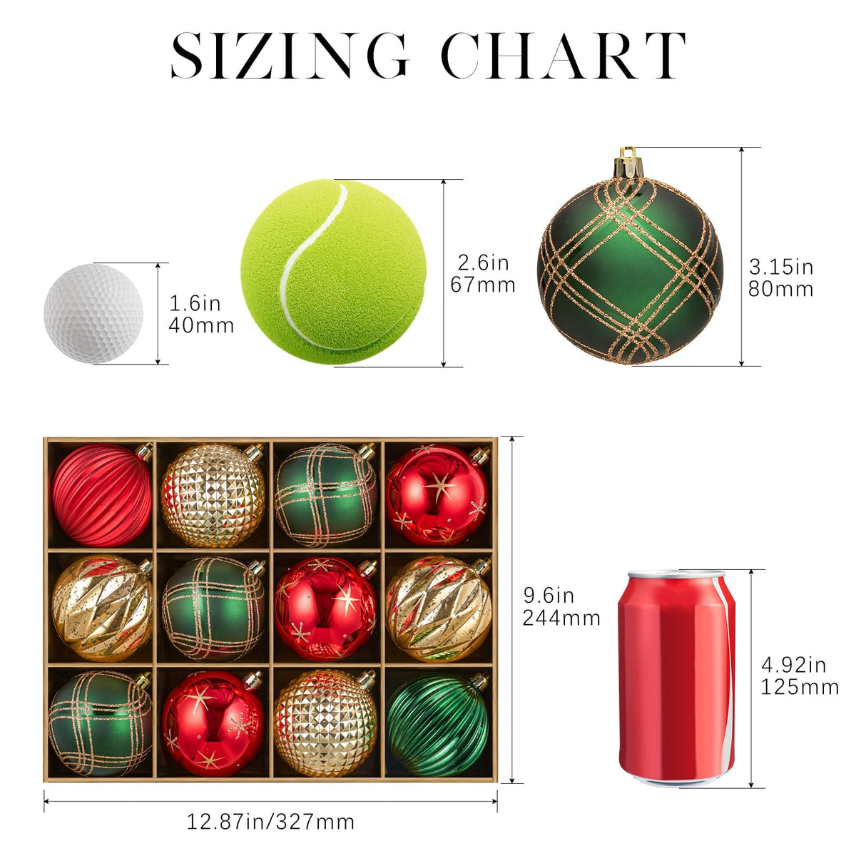 Jornoy Christmas Tree Baubles, 3.15 Inch Shatterproof Plastic, Set of 12 in Red Green Gold