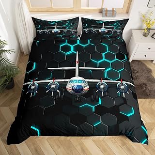 Aircraft Bedding Set Modern Hexagon Geometric Comforter Cover Fashion Neon Light Duvet Cover Boys Girls Room Decor Black Teal Silver King Bedding Collection 3Pcs,No Comforter