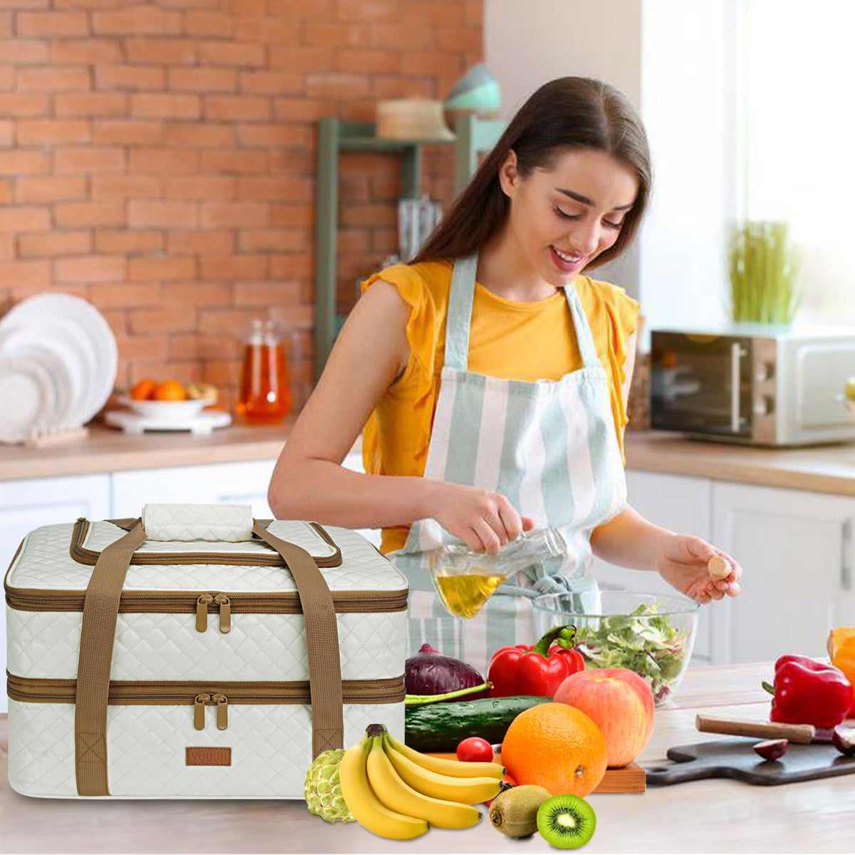 Vuudh Quilted Double Casserole Carrier, Insulated Expandable Tote, Beige
