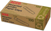 ACCO Brands ACCO Recycled Paper Clips, Smooth Finish, Jumbo Size, 100 per Box, 10 Boxes per Pack (72525)