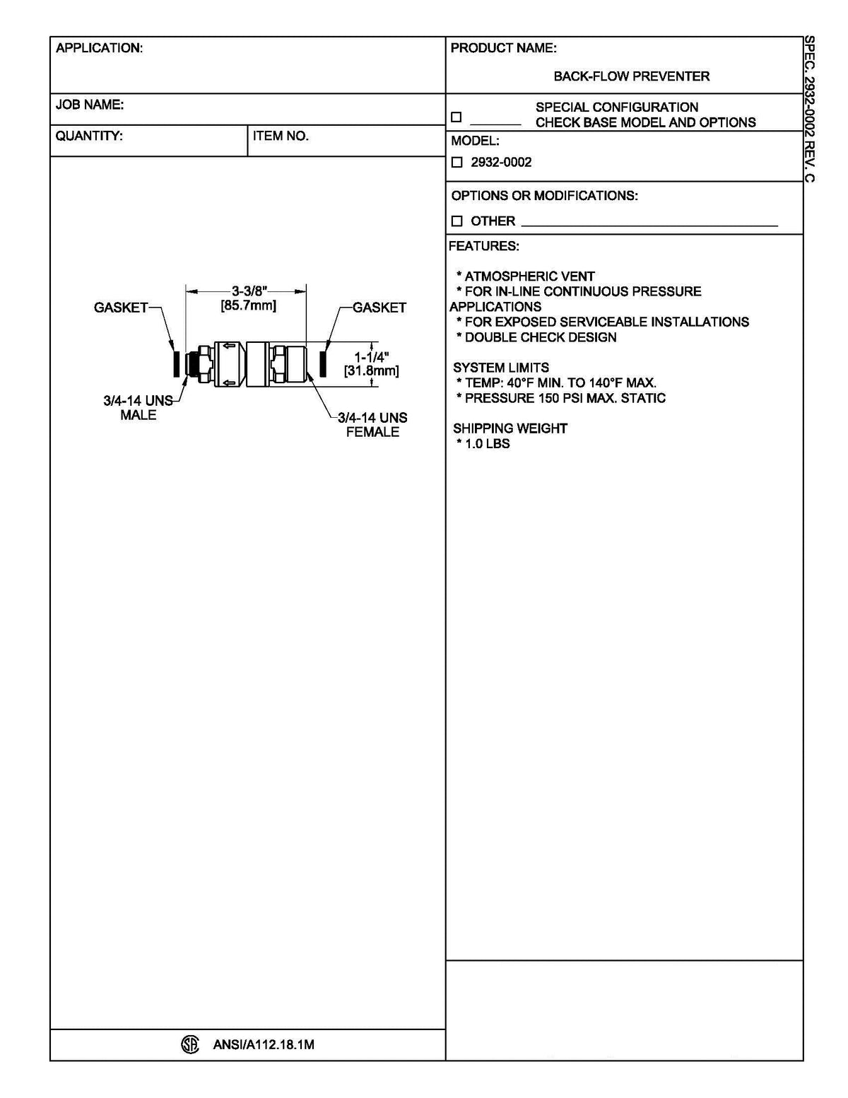Backflow Preventer for Fisher Pre-Rinse Units – Model 2932-0002