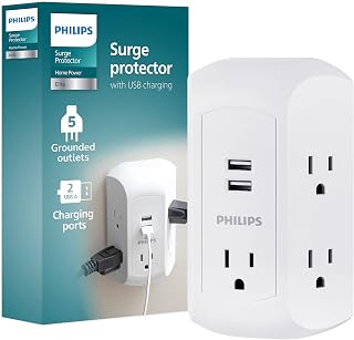 PHILIPS 5-Outlet Extender, Grounded Wall Tap, 3-Prong, 2 USB-A | Surge Protector, Adapter Spaced Outlets, Side Access, 560 Joules, Quick and Easy Install, White, SPS5002WA/37