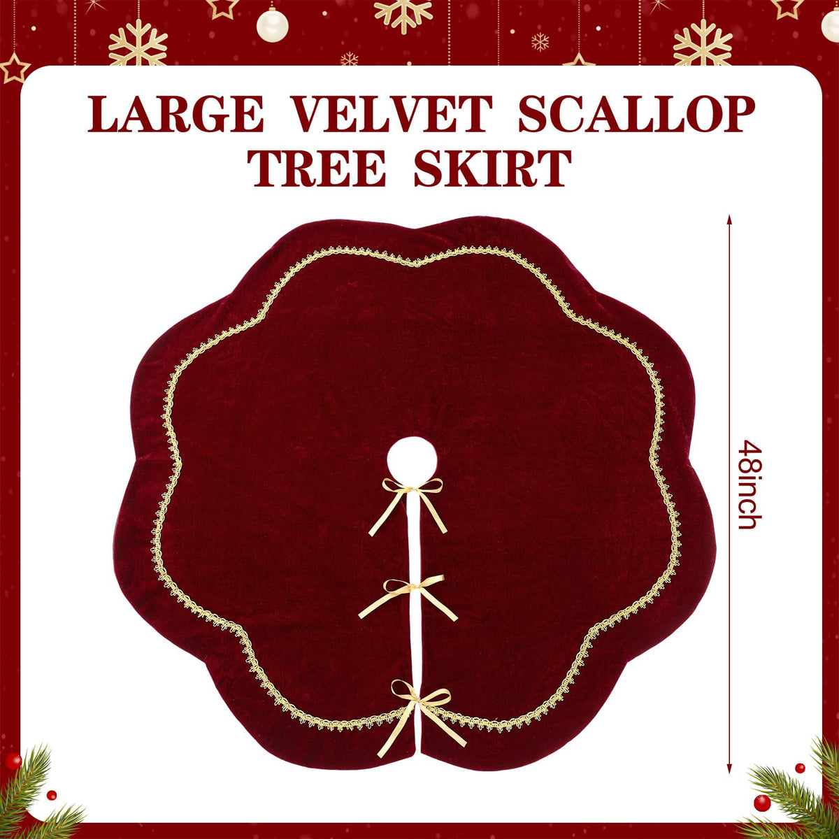 Arrowbash Velvet Tree Skirt, 48 Inch Diameter, Red with Scalloped Edge