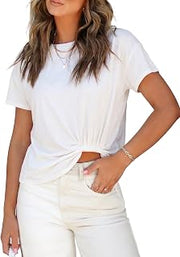 Womens Summer Crop Short Sleeve Tops Casual Crewneck Twist Front Tee T-Shirt 2026 Basic Trendy Outfits
