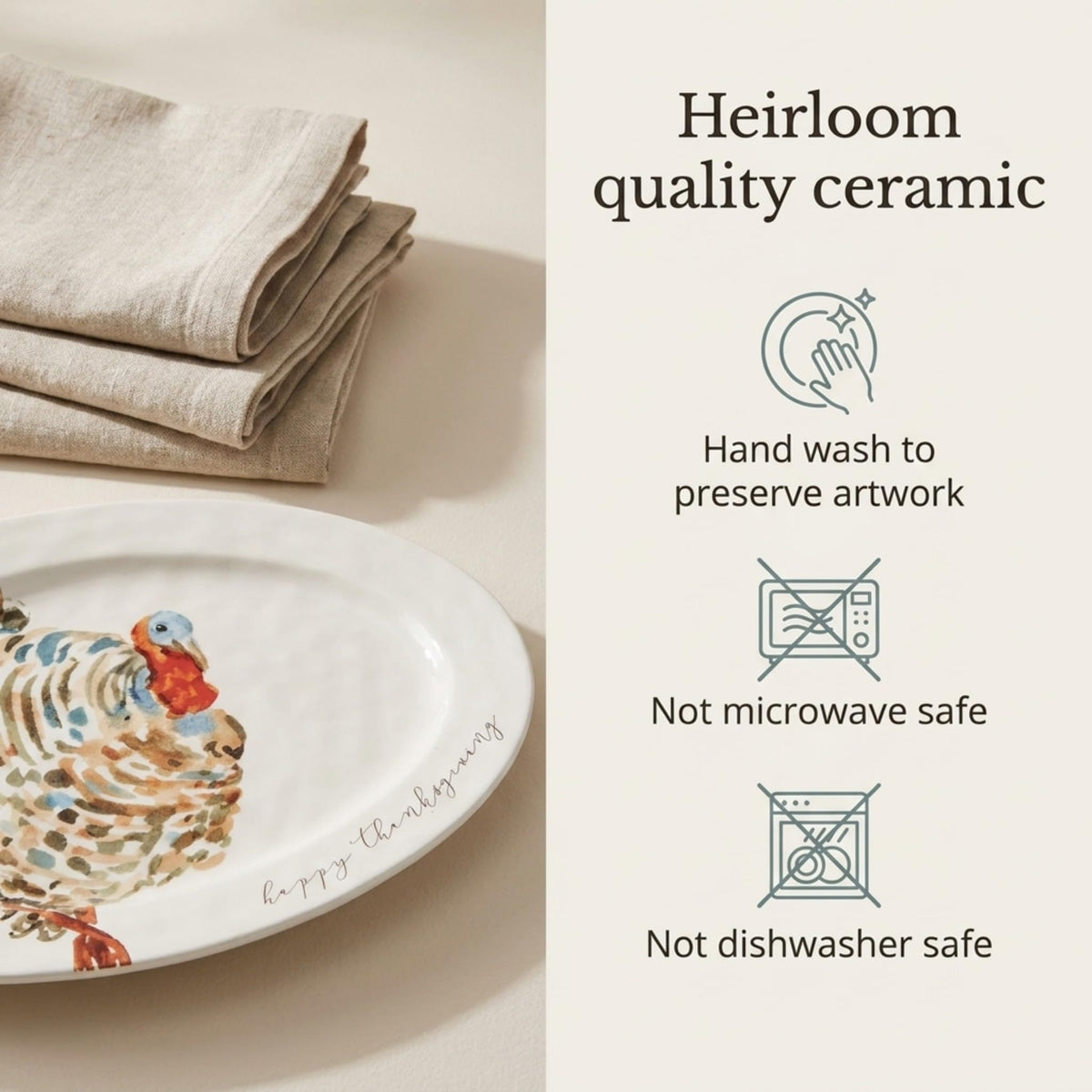 Mud Pie Turkey Platter, Ceramic, Beige 14 x 20.5 Inches