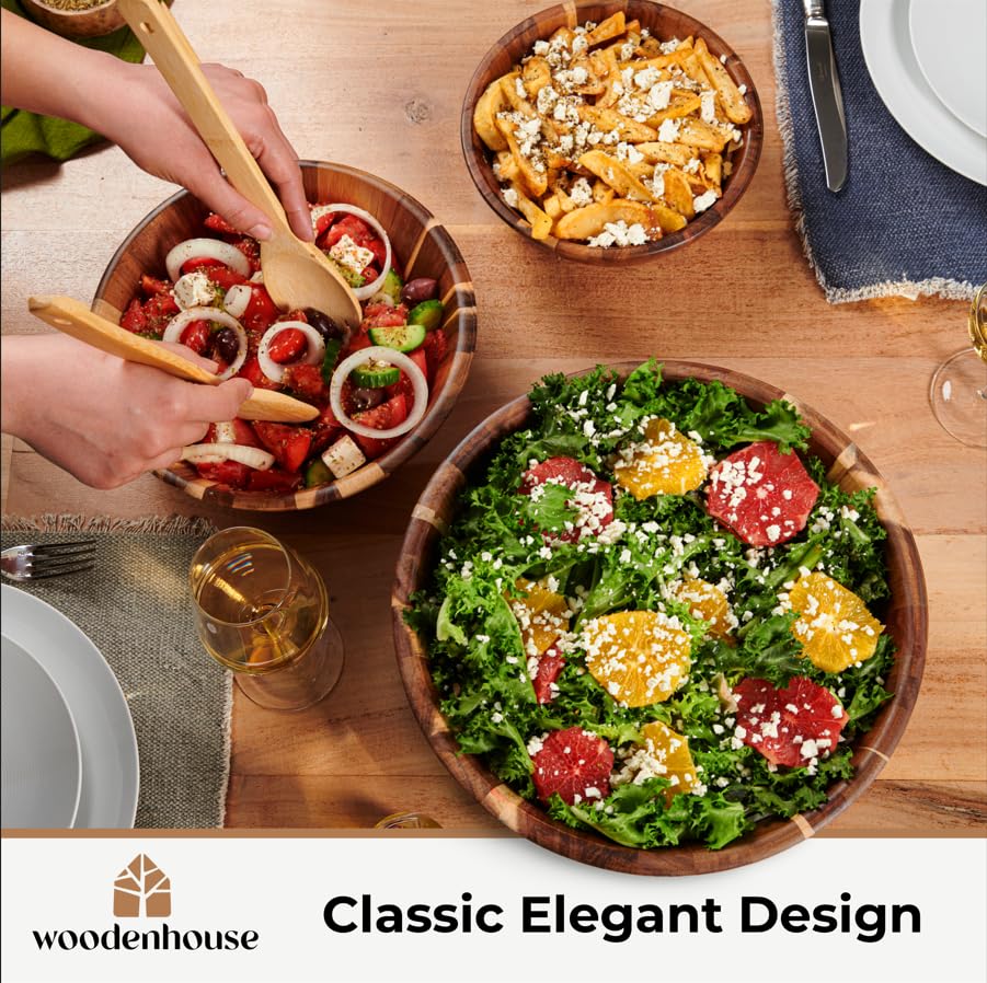 Woodenhouse Wooden Salad Bowl Set, 12 10 8 Inch Round Nesting Bowls, 3 Piece