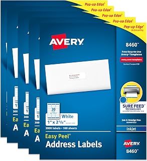 Avery Easy Peel Printable Address Labels with Sure Feed, 1" x 2-5/8" Customizable Stickers, White, 3,000 Blank Mailing Labels per Pack, Great for Mailing, Shipping, and More (5-Pack of 8460)