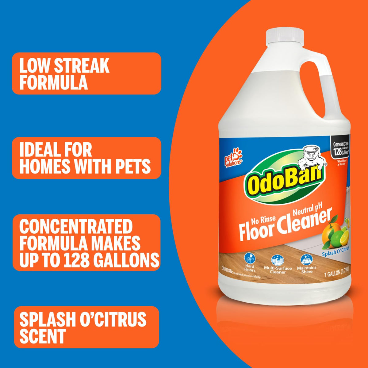 Pet Solutions No Rinse Neutral pH Floor Cleaner Concentrate by OdoBan – 128 Fl Oz (Pack of 2), Clear, Pack of 2, Model 361B61
