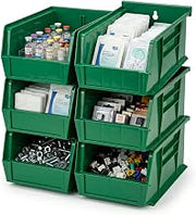 Quantum Storage QUS230 Heavy-Duty Stackable Plastic Storage Bins for Workshop, Warehouse & Garage, Ultra Stack & Hang, 10-7/8" x 5-1/2" x 5", Green, 12-Pack