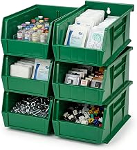 Quantum Storage QUS230 Heavy-Duty Stackable Plastic Storage Bins for Workshop, Warehouse & Garage, Ultra Stack & Hang, 10-7/8" x 5-1/2" x 5", Green, 12-Pack