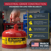 Type I Gasoline Safety Can by Justrite – 2.5 Gallon, 2.5 gallons, Alloy Steel, Red, Model 7125100