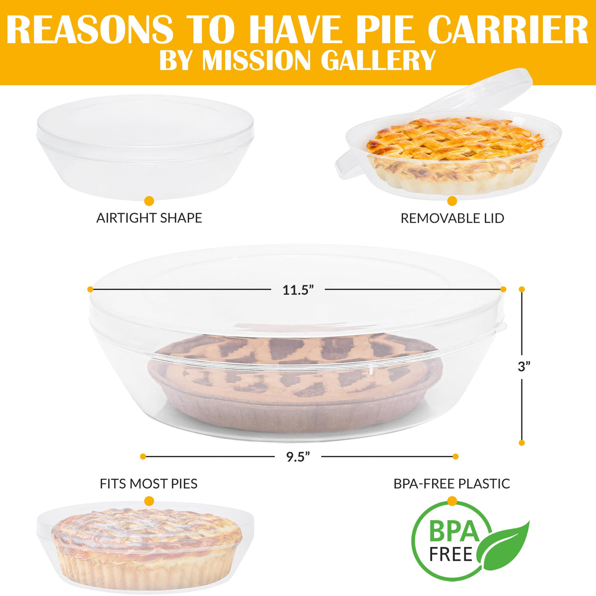 Mission Gallery Pie Carrier with Lid, Fits 10 Inch Pies, 2 Pack Transparent