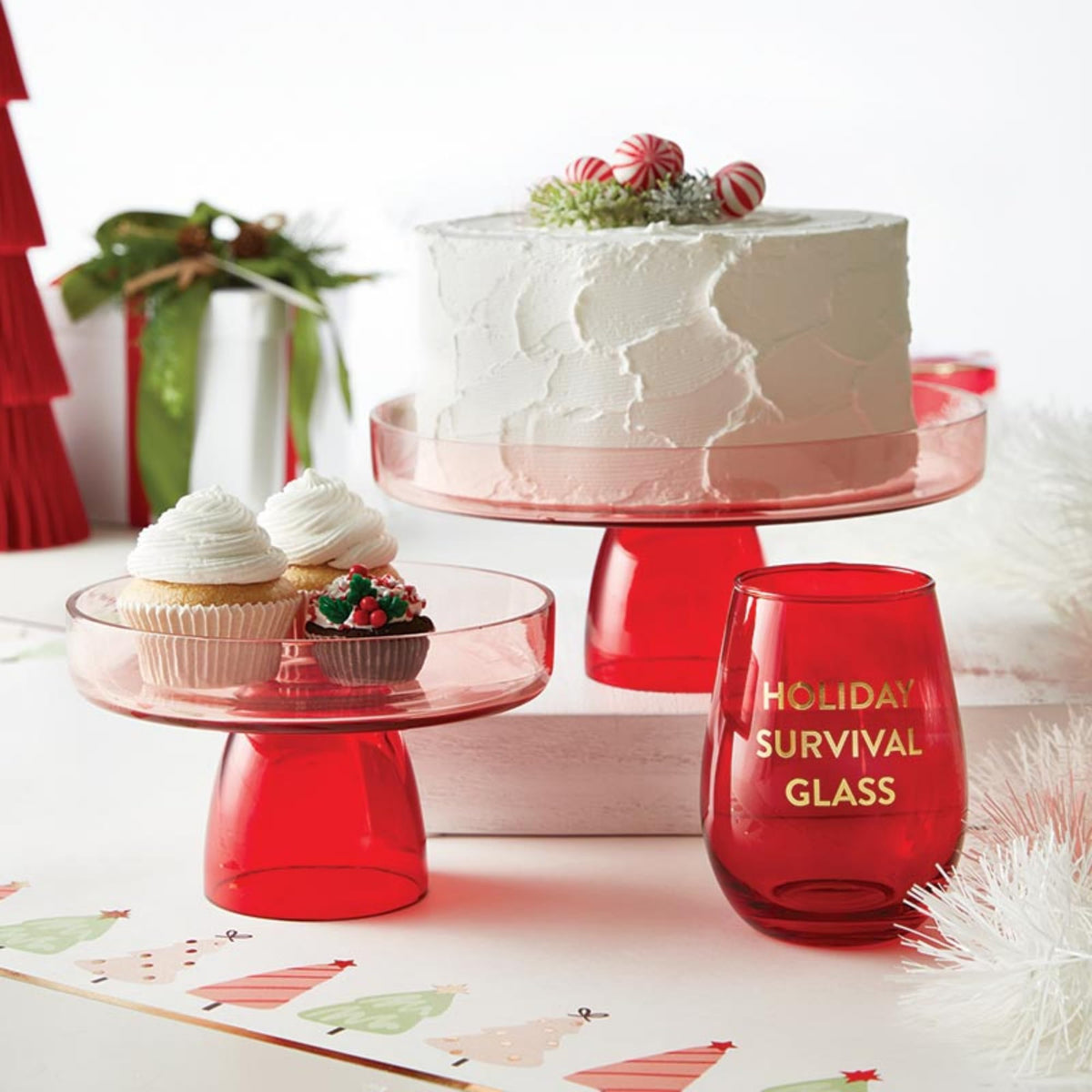Slant Collections Glass Cake Stand, 7 Inch Diameter Pedestal, Clear Red