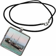 Necklace With Rectangle Pendant - Mail Boat Leaving Jersey Channel Islands 1880s Vintage Hand Tinted Magic Lantern