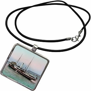 Necklace With Rectangle Pendant - Mail Boat Leaving Jersey Channel Islands 1880s Vintage Hand Tinted Magic Lantern
