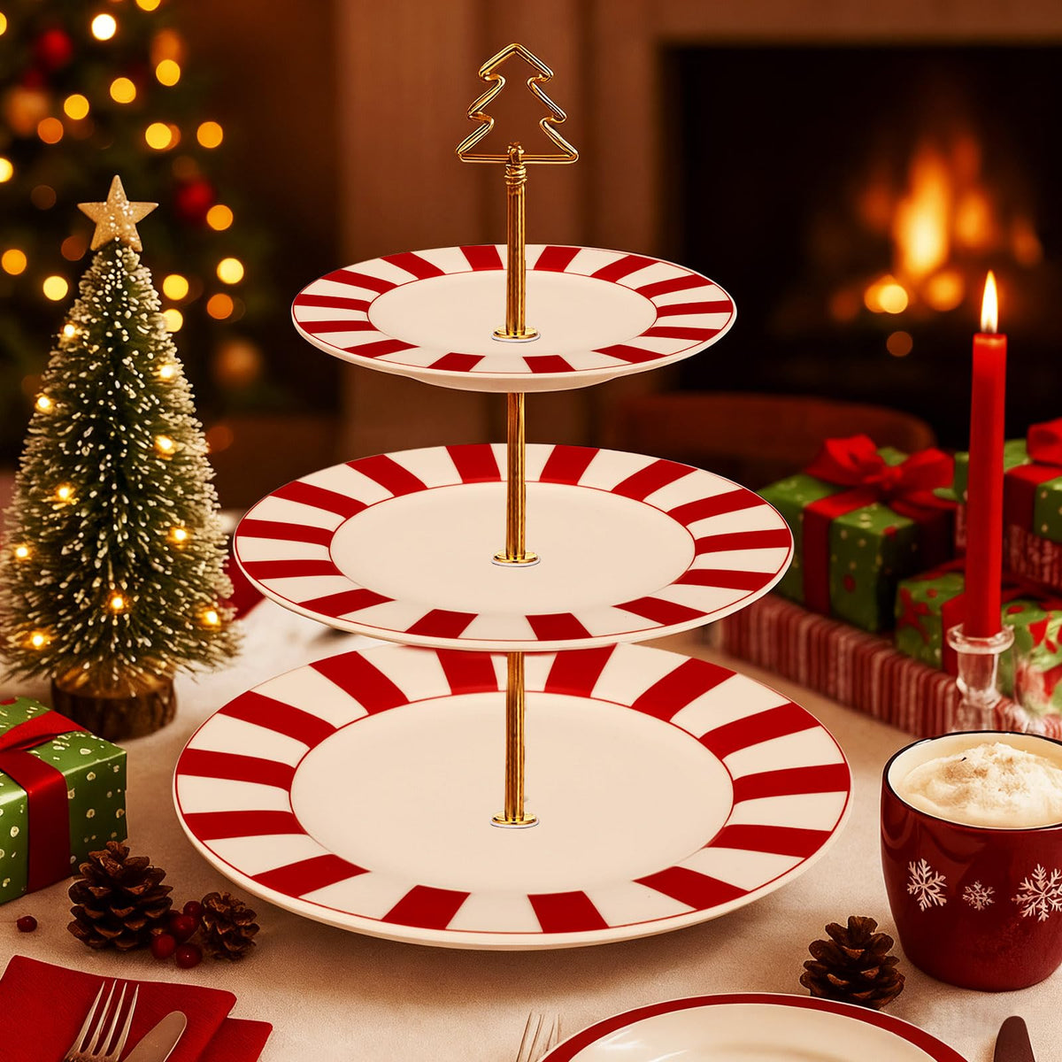 Lallisa 3 Tier Ceramic Cake Stand, 10 9 7 Inch Plates, Red and White