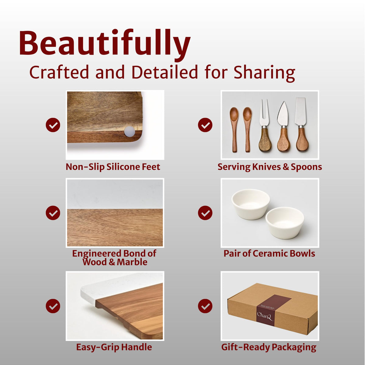 CharQ Marble and Acacia Charcuterie Set, with Tools, Brown