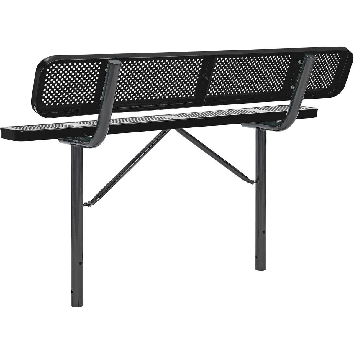 Global Industrial 72" W Outdoor Steel Bench w/Backrest – Perforated Metal, In Ground Mount, Black