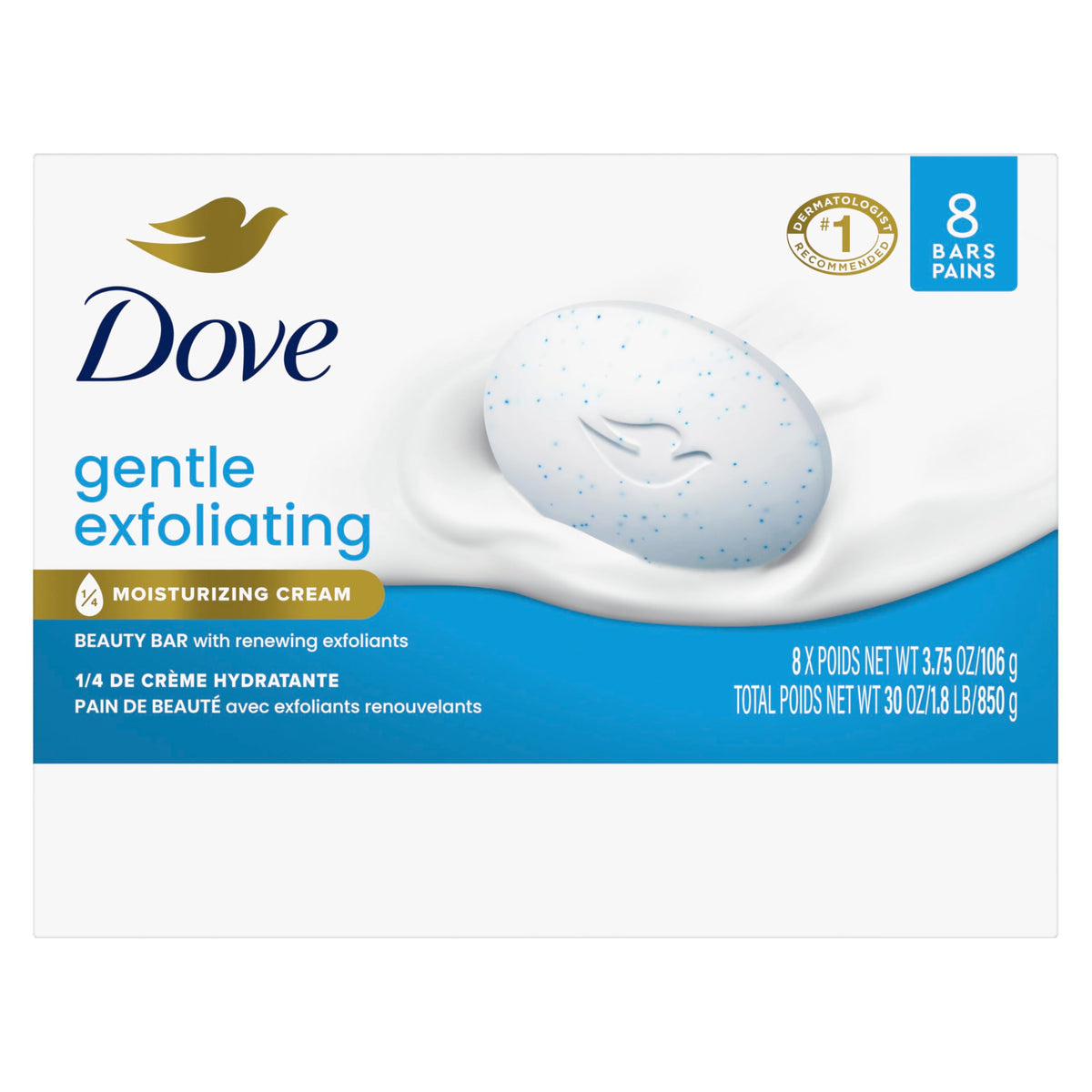 Gentle Exfoliating Beauty Bar Soap by Dove – 3.75 Ounce (Pack of 8), Blue, Pack of 8, Model 011111613393