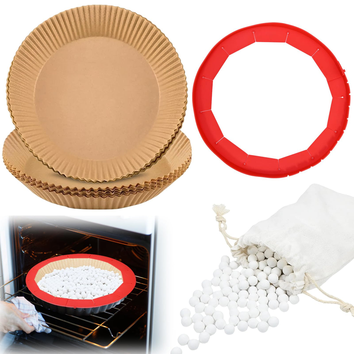 MiToBeLe Ceramic Pie Weights Set, 1.1 Pounds with 50 Parchment Liners and Adjustable Silicone Shield
