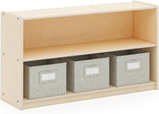 Guidecraft EdQ Two Shelf Open Storage 24'' Natural with 3 Fabric Bins: Wooden Multi-Purpose Bookcases and Toy Storage Organizer; Homeschool and Classroom Furniture
