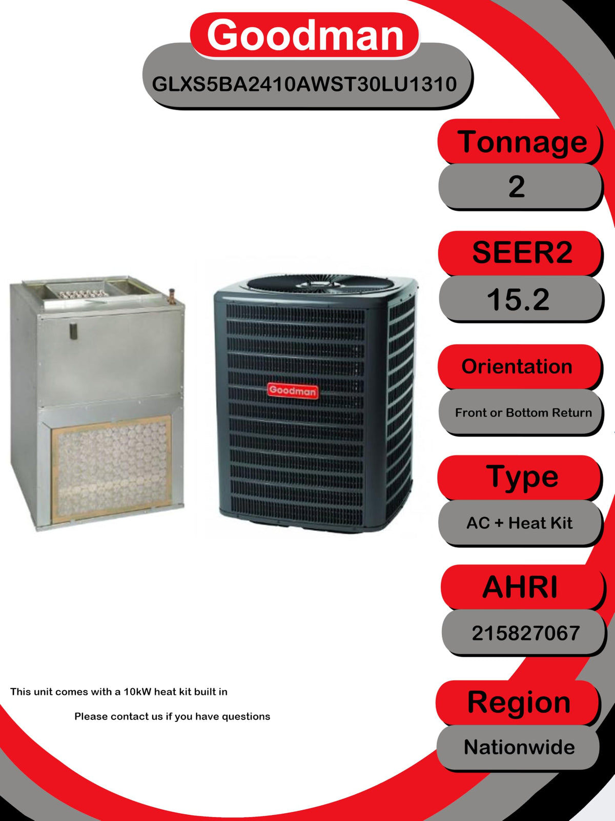 2 Ton 15.2 SEER2 R-32 Central Air Conditioning System with Wall-Mount Air Handler & 10 kW Electric Heat (GLXS5BA by Goodman – 2 tons, Gray, Pack of 2
