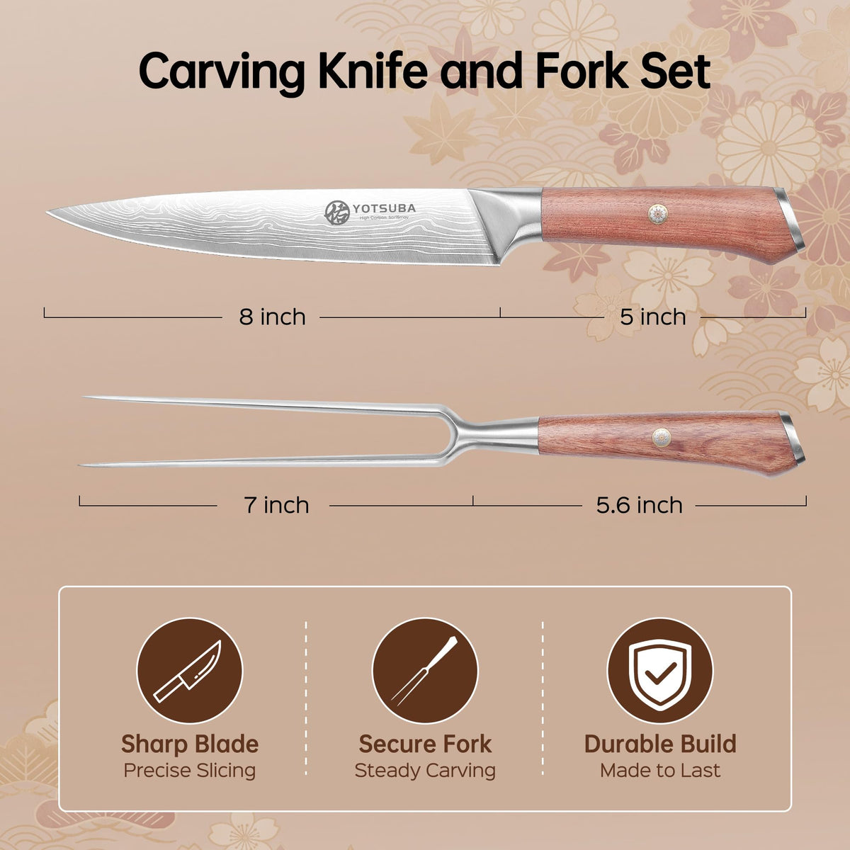 Yotsuba Carving Knife and Fork Set, 8 Inch Blade, Walnut