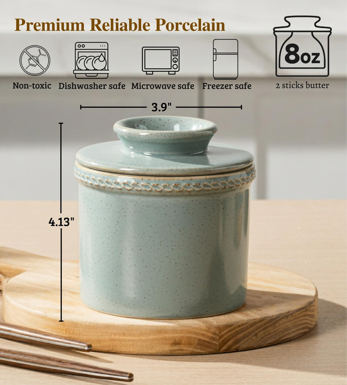 Jersinwei Butter Crock with Lid, Ceramic Water Seal Design, Speckled Blue, 8 oz