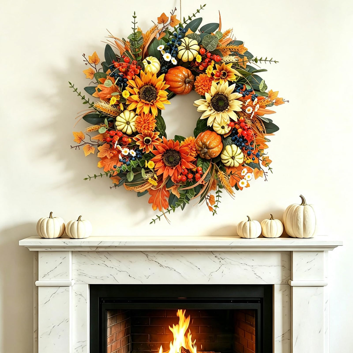 Plmiera Autumn Wreath, 24 Inch Diameter, Sunflowers and Pumpkins