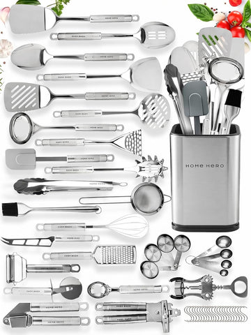 Home Hero Kitchen Utensil Set, Stainless Steel Tools, 54 Piece Silver