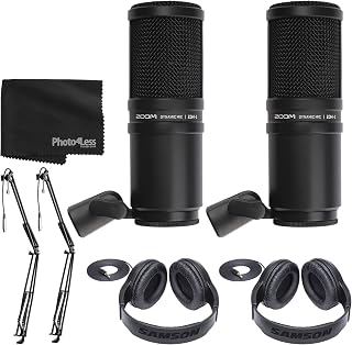 Zoom ZDM-1 Dynamic Microphone + On Stage Broadcast/Webcast Boom Arm + Stereo Headphones + Cleaning Cloth (2 Person Mic Bundle)