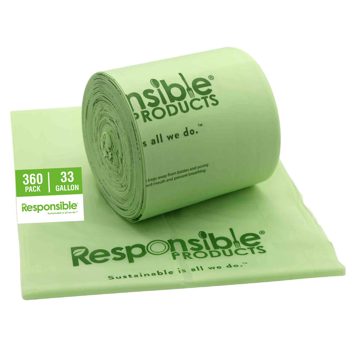 Compostable Tall Kitchen Trash Bags 33 Gallon - Heavy Duty Multipurpose Bin Liners for Food Scraps by Responsible Products – Pack of 360