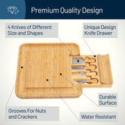 RoyalHouse Bamboo Cheese Board with Slide Out Knife Drawer, Medium to Large, Natural
