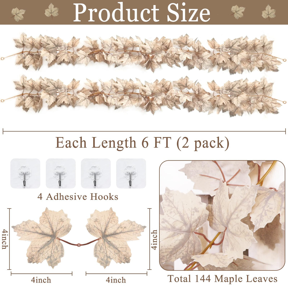 Turnmeon Maple Leaf Garland, 6 Ft 2 Pack Grey White, Fall Decor