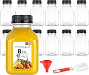 8 oz Juice Bottles with Caps - Reusable Clear Plastic Drink Containers (12 pack) - Mini Water Bottles with Labels, Brush & Funnel