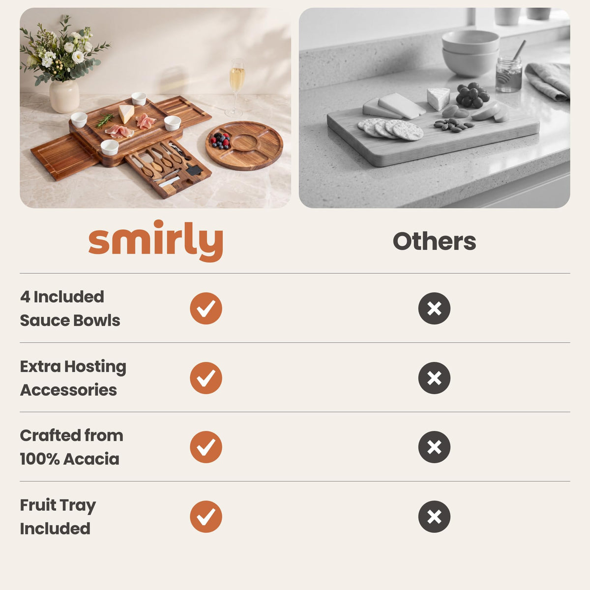 Smirly Charcuterie Board Set, Acacia Wood, 15.7 x 13.3 Inches