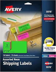 Avery Printable Shipping Labels with Sure Feed, 2" x 4", Assorted Neon Colors (Magenta, Green, Yellow), Laser & Inkjet Compatible, 150 Blank Labels Total (5978)