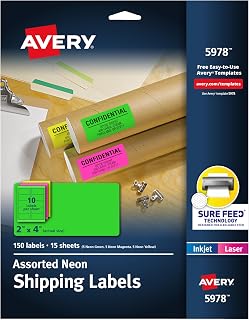 Avery Printable Shipping Labels with Sure Feed, 2" x 4", Assorted Neon Colors (Magenta, Green, Yellow), Laser & Inkjet Compatible, 150 Blank Labels Total (5978)