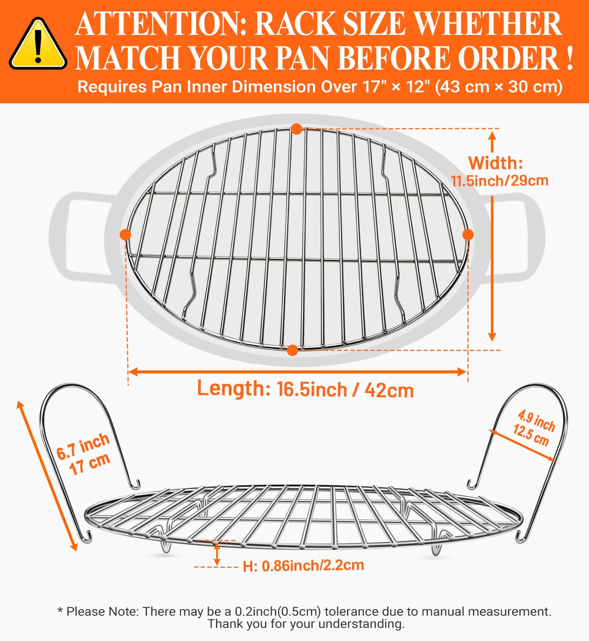 DePango Oval Roasting Rack, Stainless Steel with Handle, 16.5 x 11.5 x 5.5 Inch