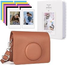 Mini Evo Camera Case - Protective PU Leather Case and Photo Album Bundle Compatible for Instax Mini Evo Instant Camera with Adjustable Shoulder Strap - Brown+White