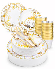 PULOTE Thanksgiving Plastic Dinnerware Set, 150 Pieces, Flower Gold