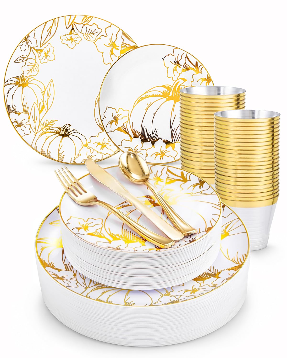 PULOTE Thanksgiving Plastic Dinnerware Set, 150 Pieces, Flower Gold