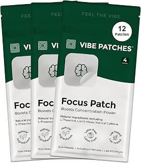 Focus Patch | Wearable Wellness for Focus Support with L-Theanine and Lion’s Mane | Long Lasting Patch for 10 Hours | Vegan & Latex Free | 4 Patches Per Pack, 3 Pack