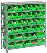 Global Industrial 7 Shelf Steel Shelving with (42) 4" H Plastic Shelf Bins | Gray Frame & Green Bins, 36"W x 12"D x 39"H, Industrial or Commercial Storage, Assembly Required
